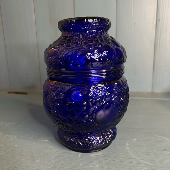 Unique Antique Grapes and Cherry Embossed Cobalt Blue Glass Lidded Jar Imperial